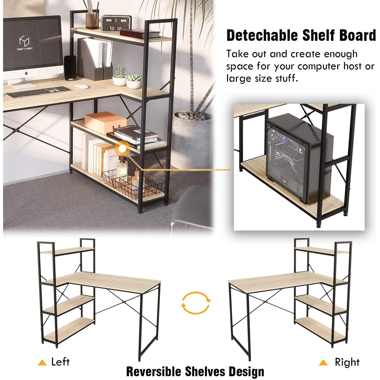 Nost & Host L Shaped Contemporary Home Office Computer Desk with Shelves, Oak - VMInnovations