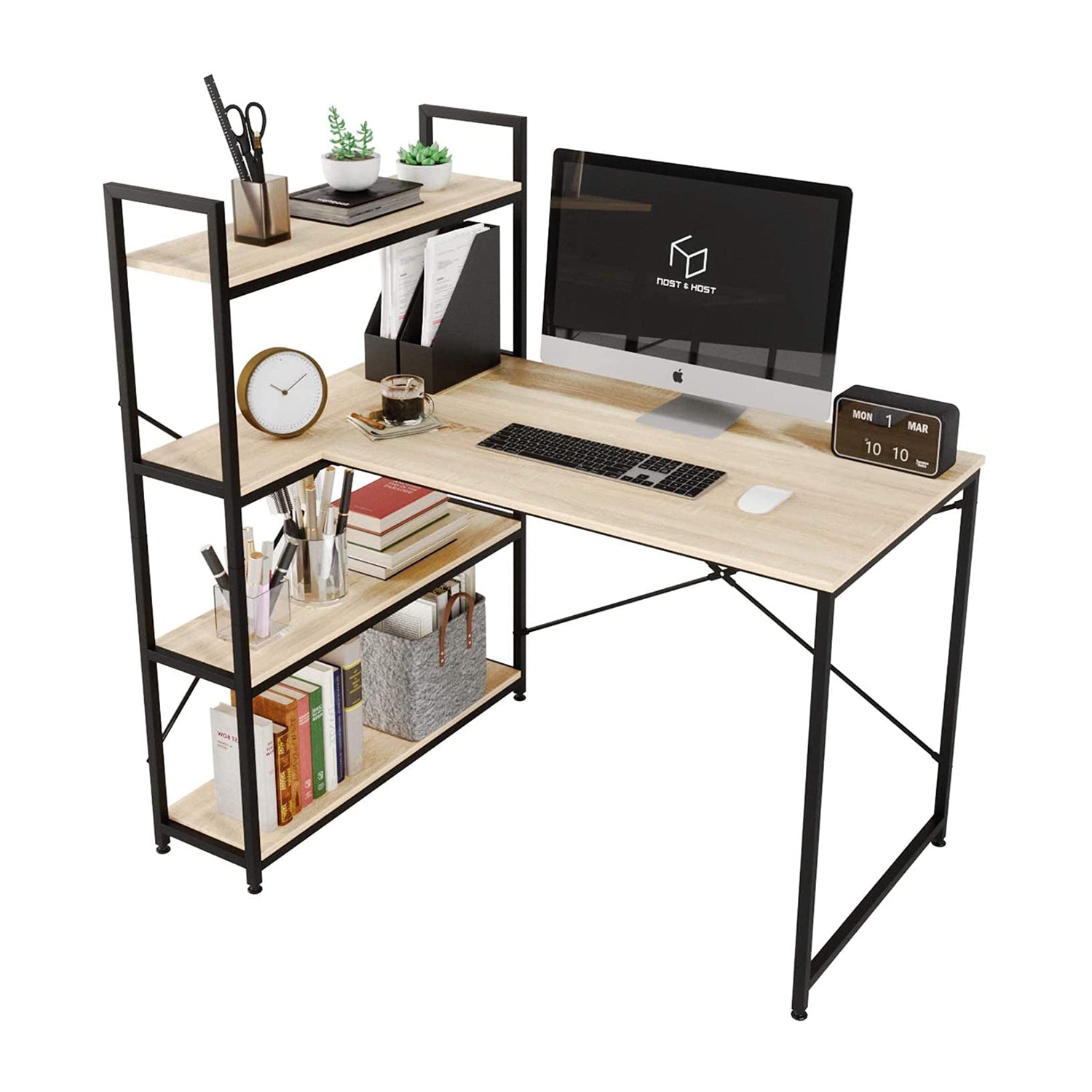 Nost & Host L Shaped Contemporary Home Office Computer Desk with Shelves, Oak - VMInnovations