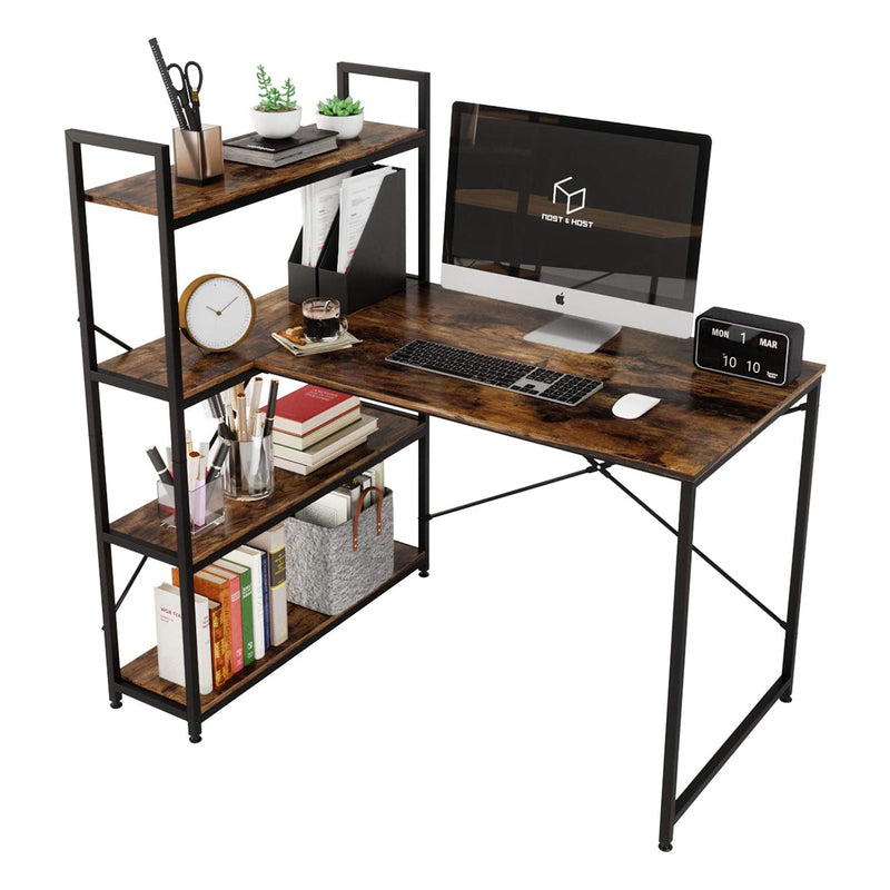 Nost & Host L Shaped Contemporary Home Office Computer Desk with Shelves, Brown