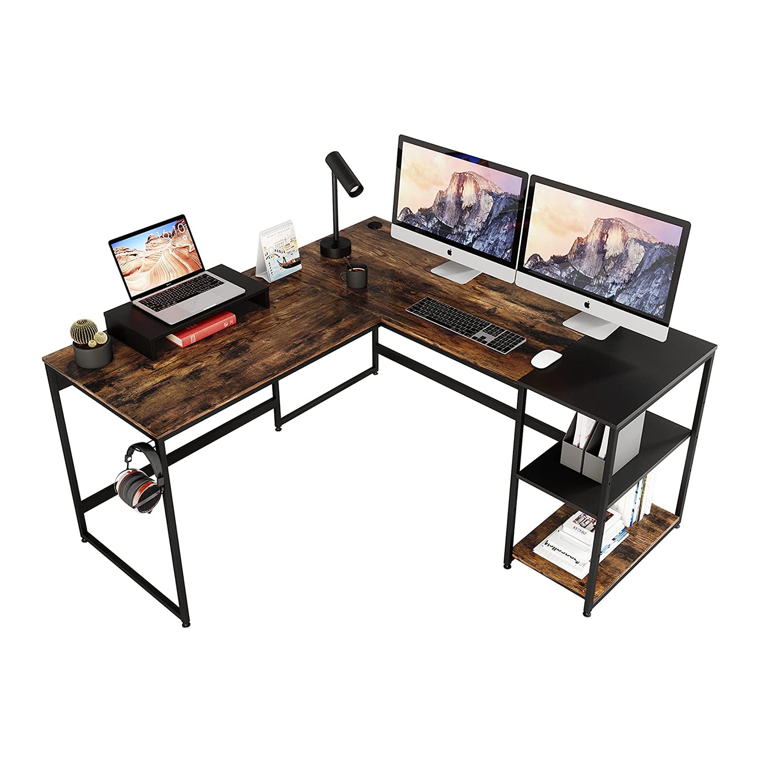 Bestier Industrial Customizable L Shaped Corner or Long Office Study Desk, Brown - VMInnovations