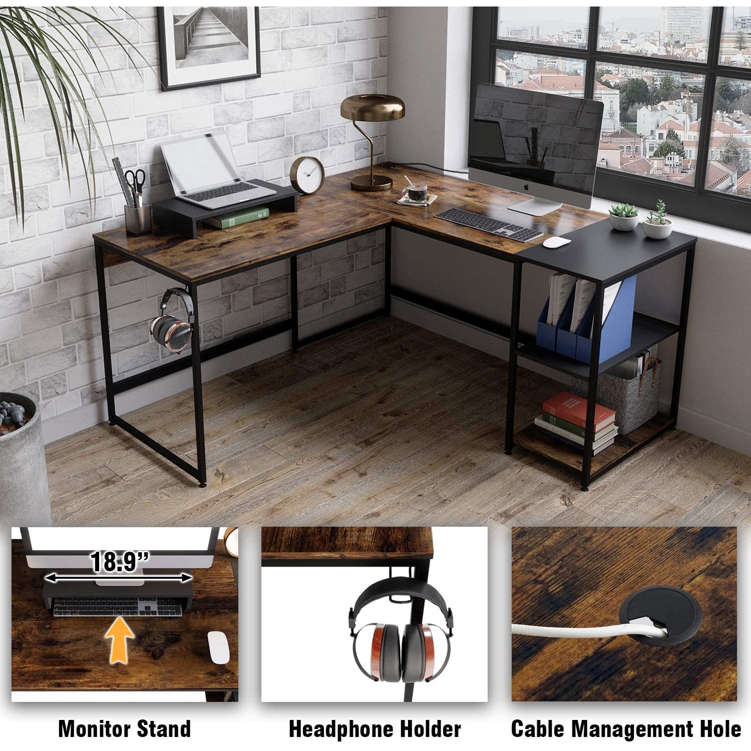 Bestier Industrial Customizable L Shaped Corner or Long Office Study Desk, Brown - VMInnovations