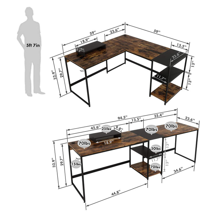 Bestier Industrial Customizable L Shaped Corner or Long Office Study Desk, Brown