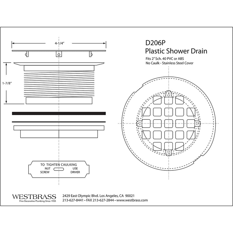 D206P-62 Plastic Shower Drain Grid Cover Kit for 2" Dia Pipes, (Open Box)