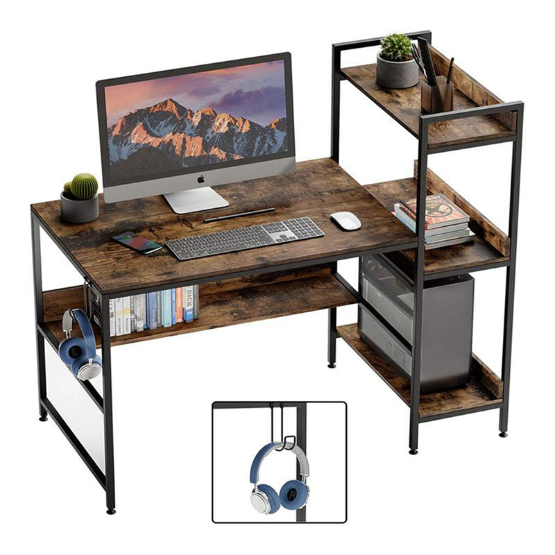 Bestier Computer Office Desk Workstation w/ Storage Shelves & Hook, Rustic Brown
