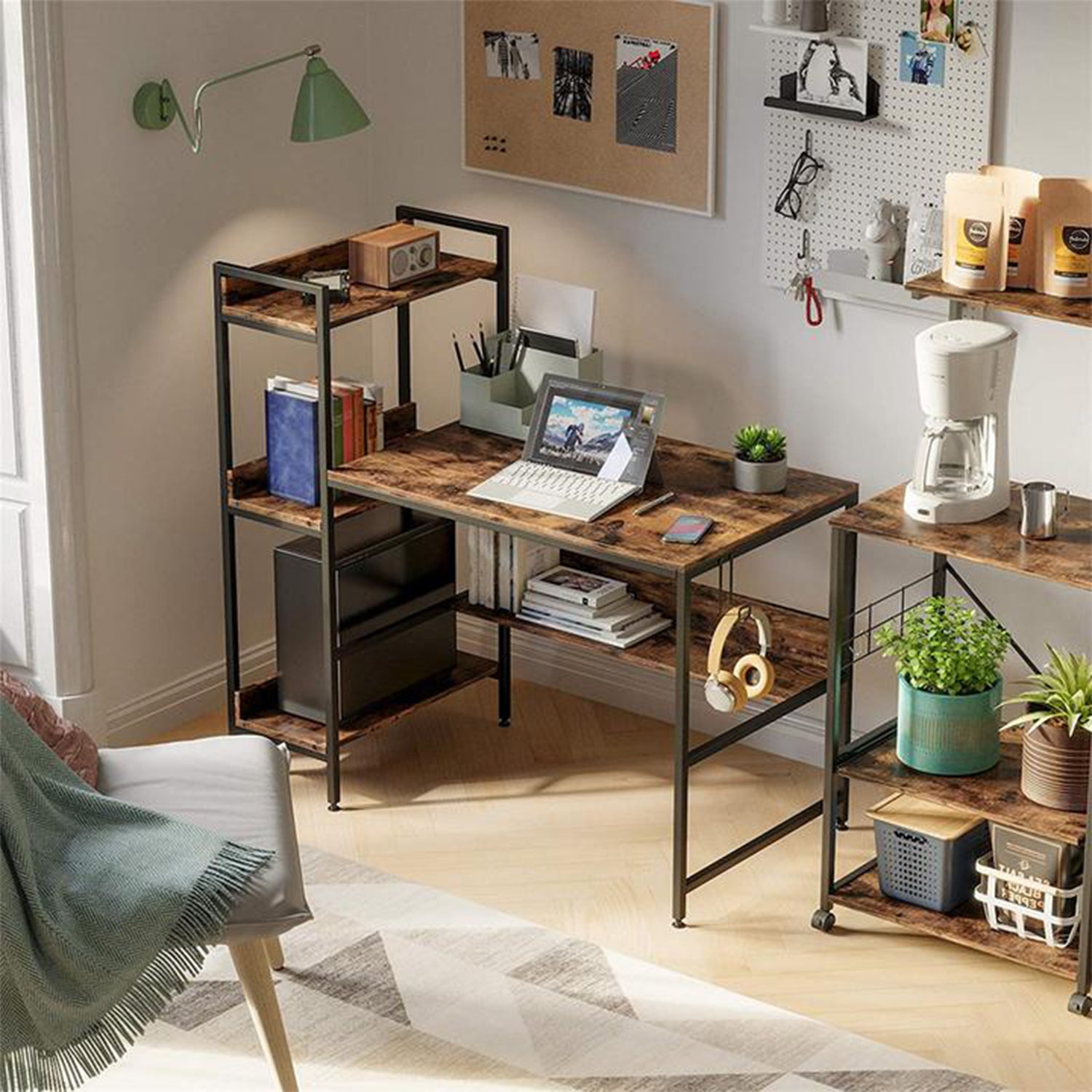 Bestier Computer Office Desk Workstation w/ Storage Shelves & Hook, Rustic Brown - VMInnovations