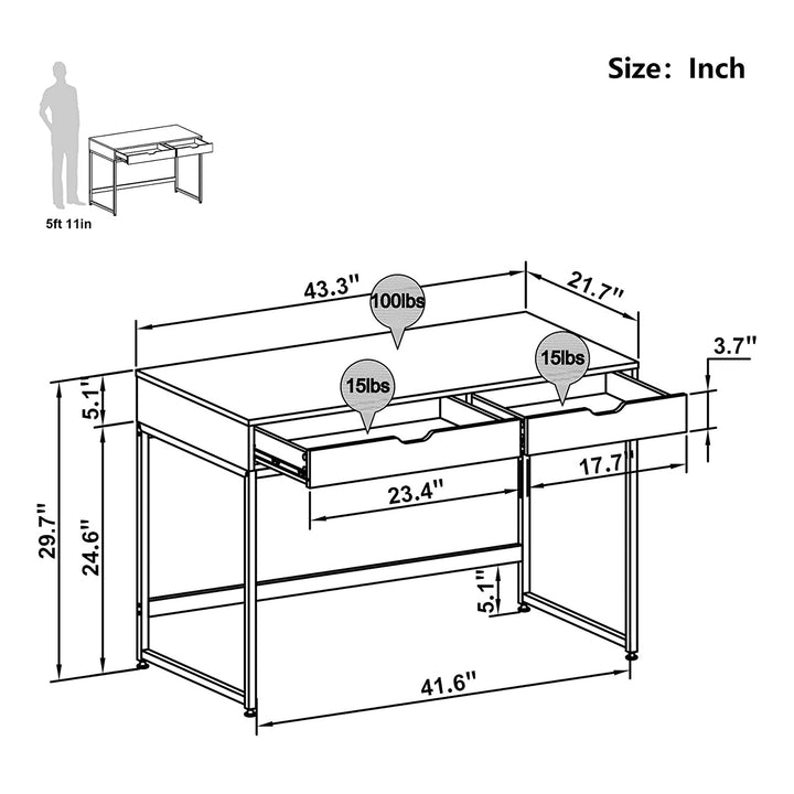 Bestier Office Writing Computer Workstation Desk w/ 2 Drawers, 43.3", Oak (Used)