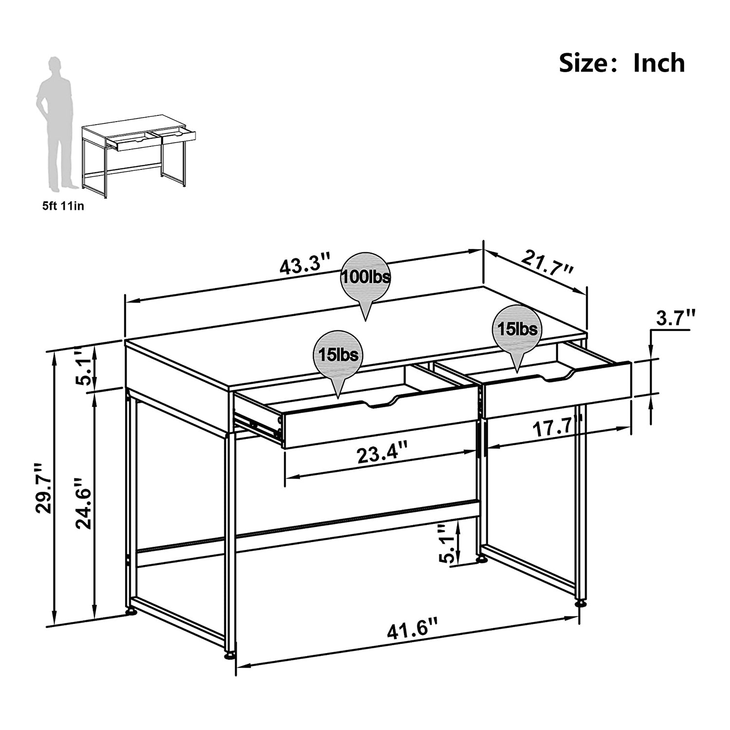Bestier Office Writing Computer Workstation Desk w/ 2 Drawers, 43.3", Oak (Used) - VMInnovations