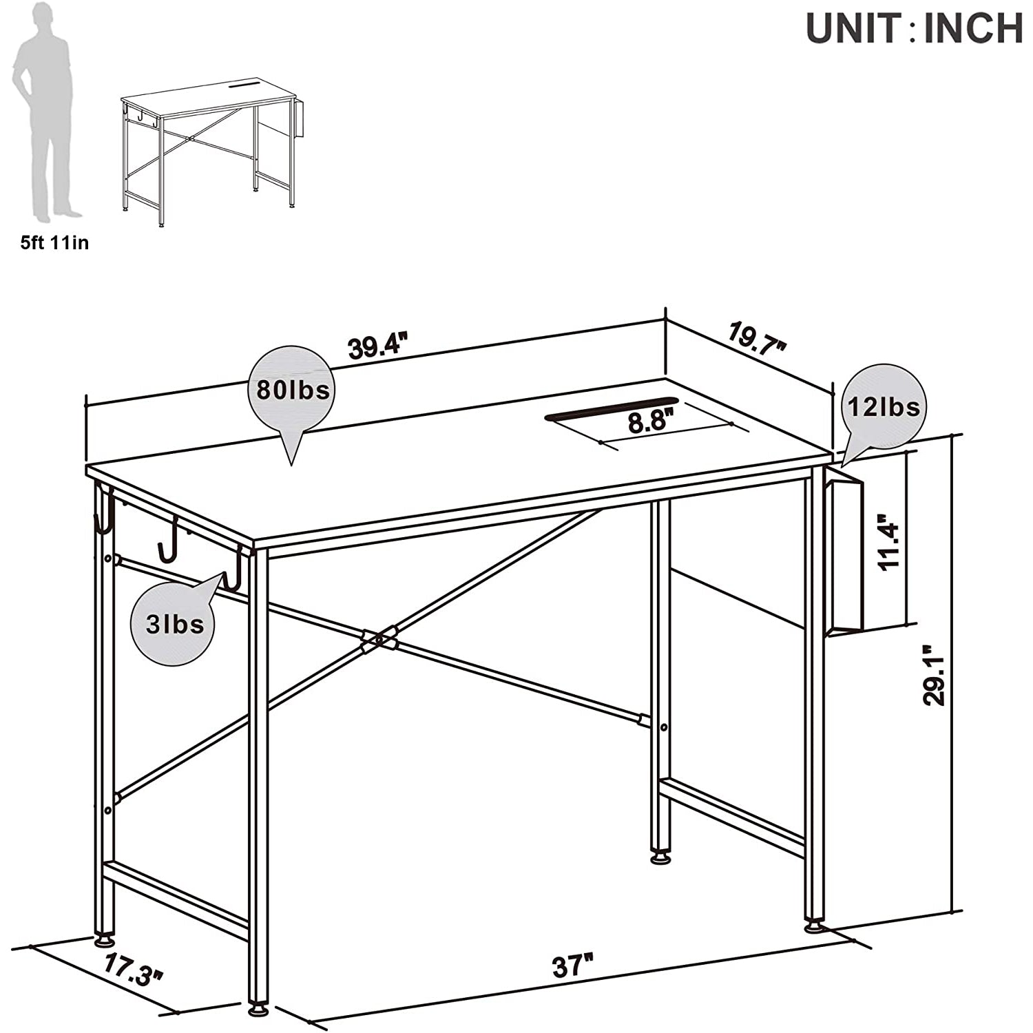 Bestier Computer Office Desk with Storage Bag & Hook, Gray, 39 Inch (Open Box) - VMInnovations
