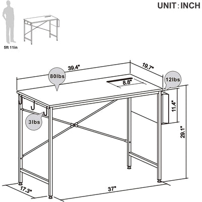 Bestier Computer Office Desk with Storage Bag & Hook, Gray, 39 Inch (Open Box) - VMInnovations