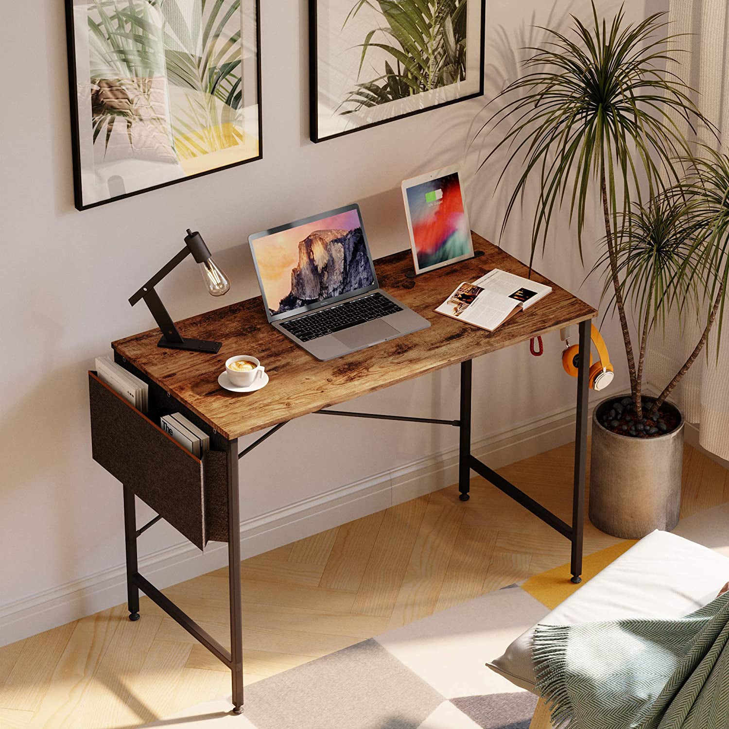 Bestier Office Desk Workstation with Storage Bag, Rustic Brown, 39in (Open Box) - VMInnovations