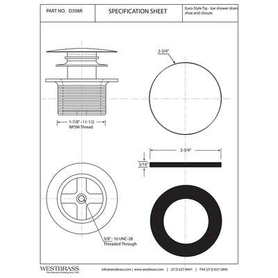 Westbrass 1.5" Mushroom Cap Coarse Thread Tiptoe Bathtub Drain, Black (Open Box)