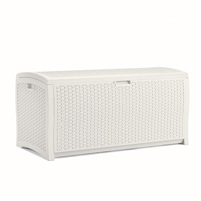 Suncast 99 Gallon Heavy Duty Resin Wicker Horizontal Outdoor Deck Box, White