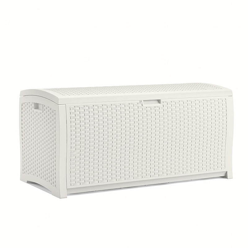 Suncast 99 Gallon Heavy Duty Resin Wicker Horizontal Outdoor Deck Box, White