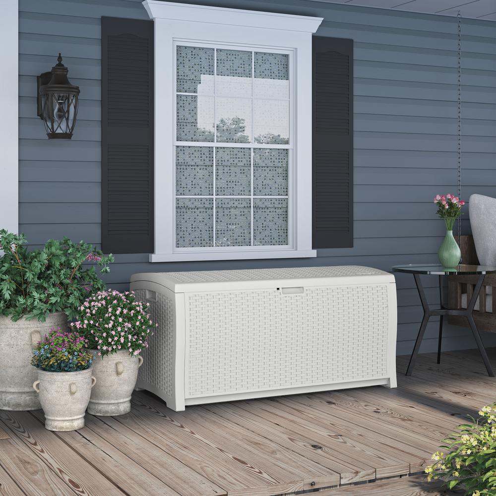 Suncast 99 Gallon Heavy Duty Resin Wicker Horizontal Deck Box, White (Open Box)