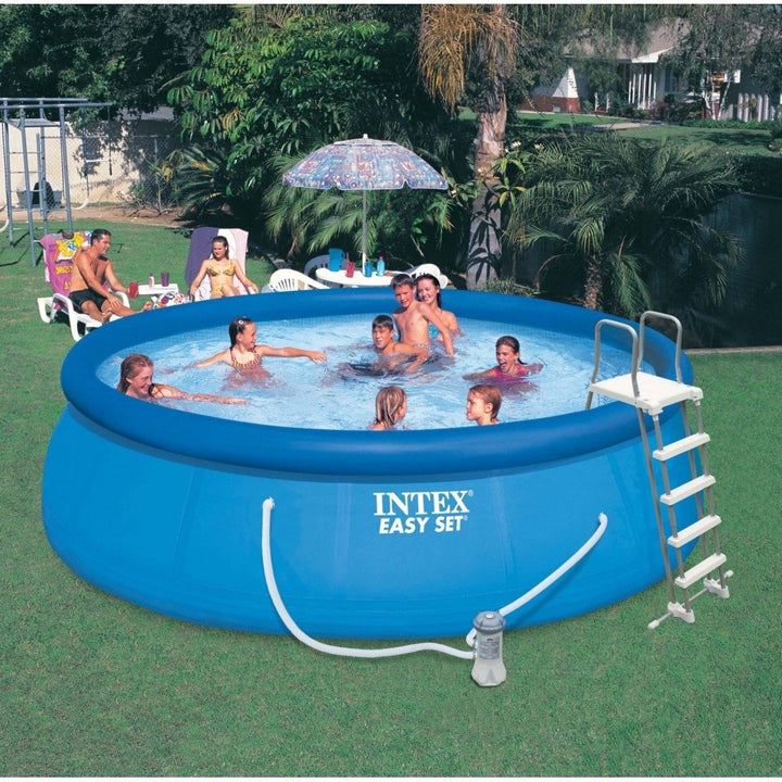 Intex Above Ground Swimming Pool, Ladder with Pump and 15’ Pool Debris Cover - VMInnovations