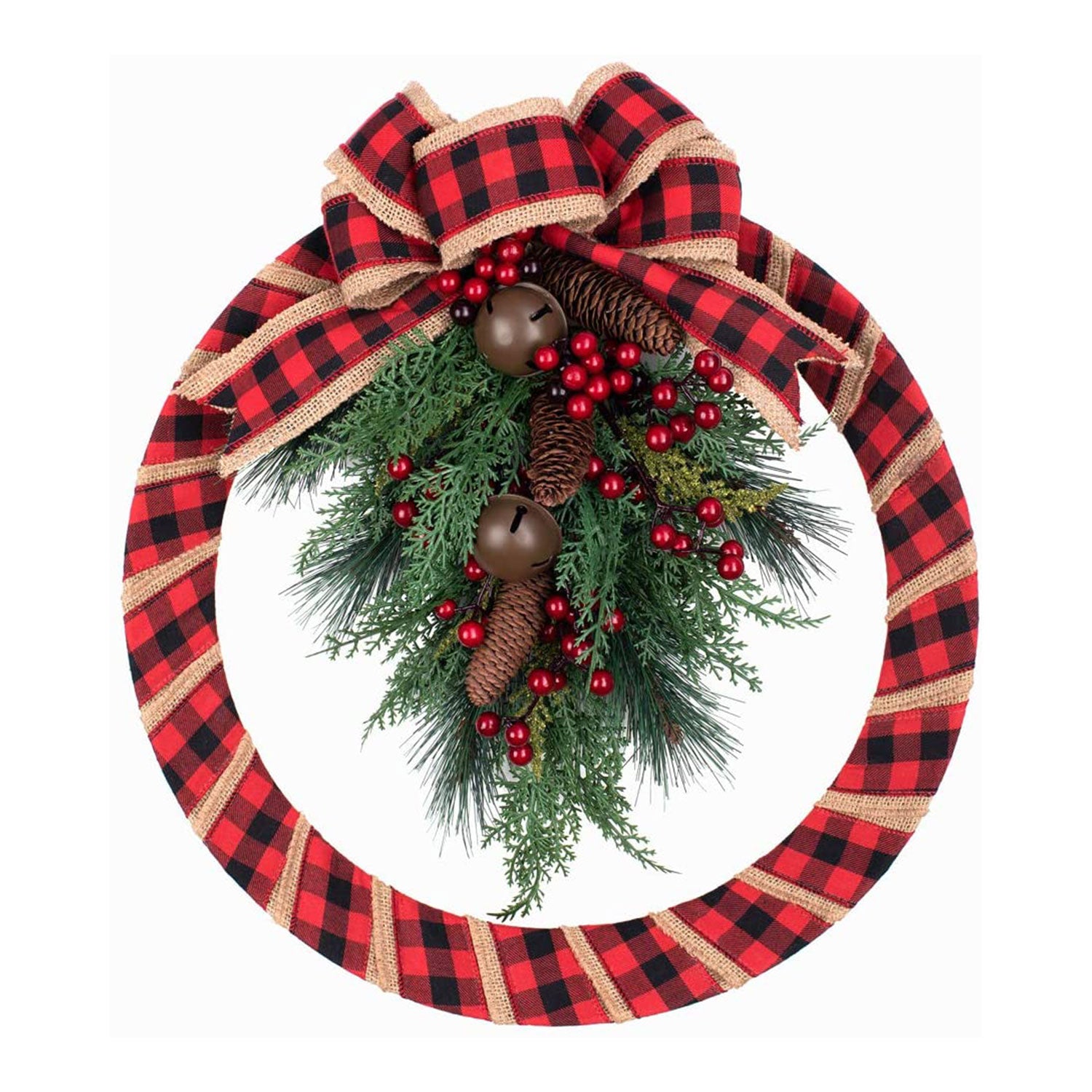 Haute Decor 18" Round Indoor/Outdoor Christmas Wreath w/Pinecones, Buffalo Check - VMInnovations