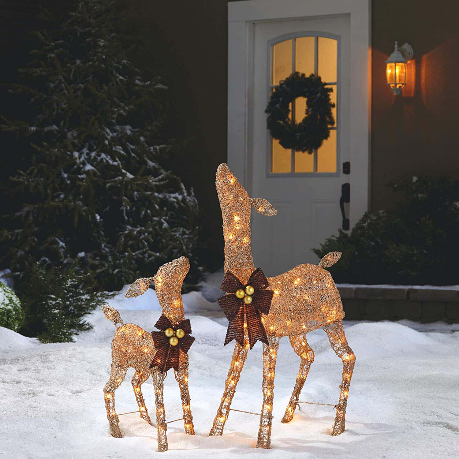 Noma 3 Ft Pre Lit LED Doe and Fawn Holiday Lawn Decoration Set, Gold (For Parts)