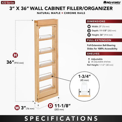 Rev-A-Shelf Pullout Wall Filler Cabinet Wooden Organizer, 36" Hgt, 432-WF36-3C