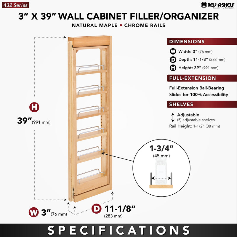 Rev-A-Shelf Pullout Wall Filler Cabinet Wooden Organizer, 39" Hgt, 432-WF39-3C