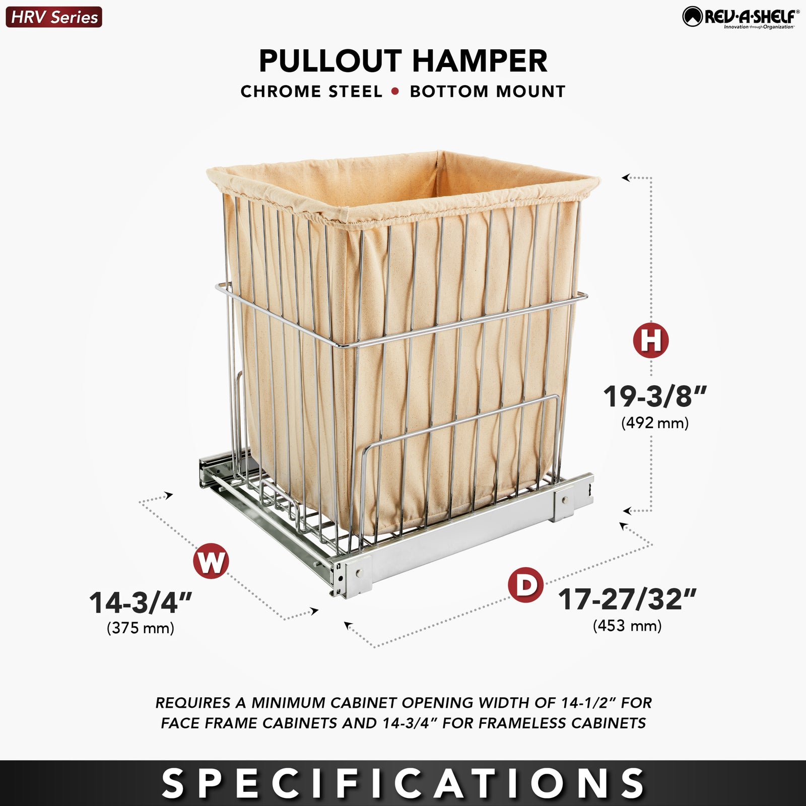 Rev-A-Shelf 20'' Pullout Wire Basket Clothes Hamper, Chrome, HRV-1520 S CR - VMInnovations