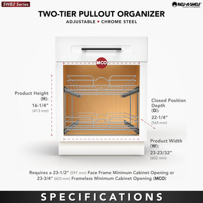 Rev-A-Shelf Pullout 2-Tier Basket Organizer for Kitchen or Vanity Cabinets, 24 x 22 In, 5WB2-2422-CR-1
