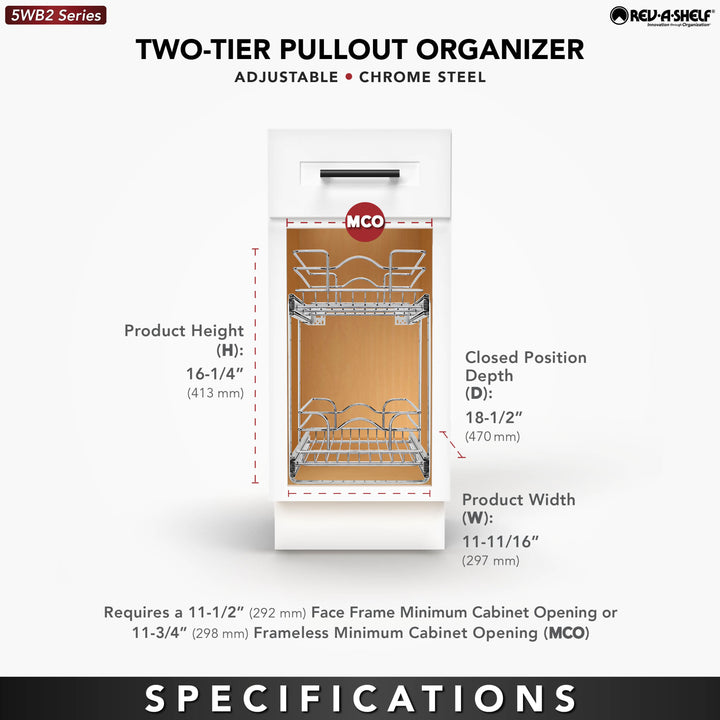 Rev-A-Shelf Pullout 2-Tier Basket Organizer for Kitchen or Vanity Cabinets, 12 x 22 In, 5WB2-1222CR-1