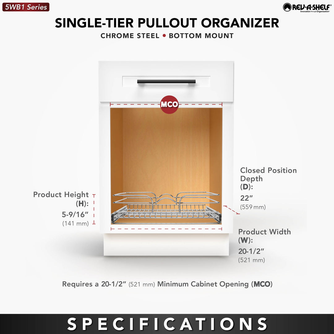 Rev-A-Shelf Pullout Single Basket Organizer for Kitchen Cabinets, 21 x 22 In, 5WB1-2122CR-1