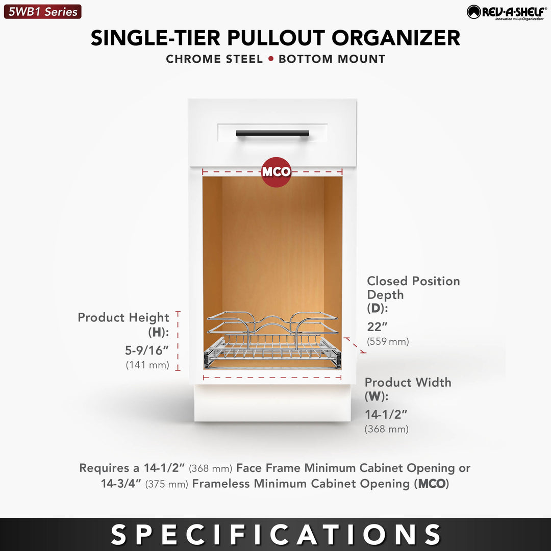 Rev-A-Shelf Pullout Single Basket Cabinet Organizer, 15 x 22, 5WB1-1522CR-1