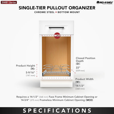 Rev-A-Shelf Pullout Single Basket Cabinet Organizer, 15 x 22, 5WB1-1522CR-1