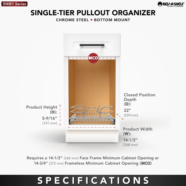 Rev-A-Shelf Pullout Single Basket Cabinet Organizer, 15 x 22, 5WB1-1522CR-1