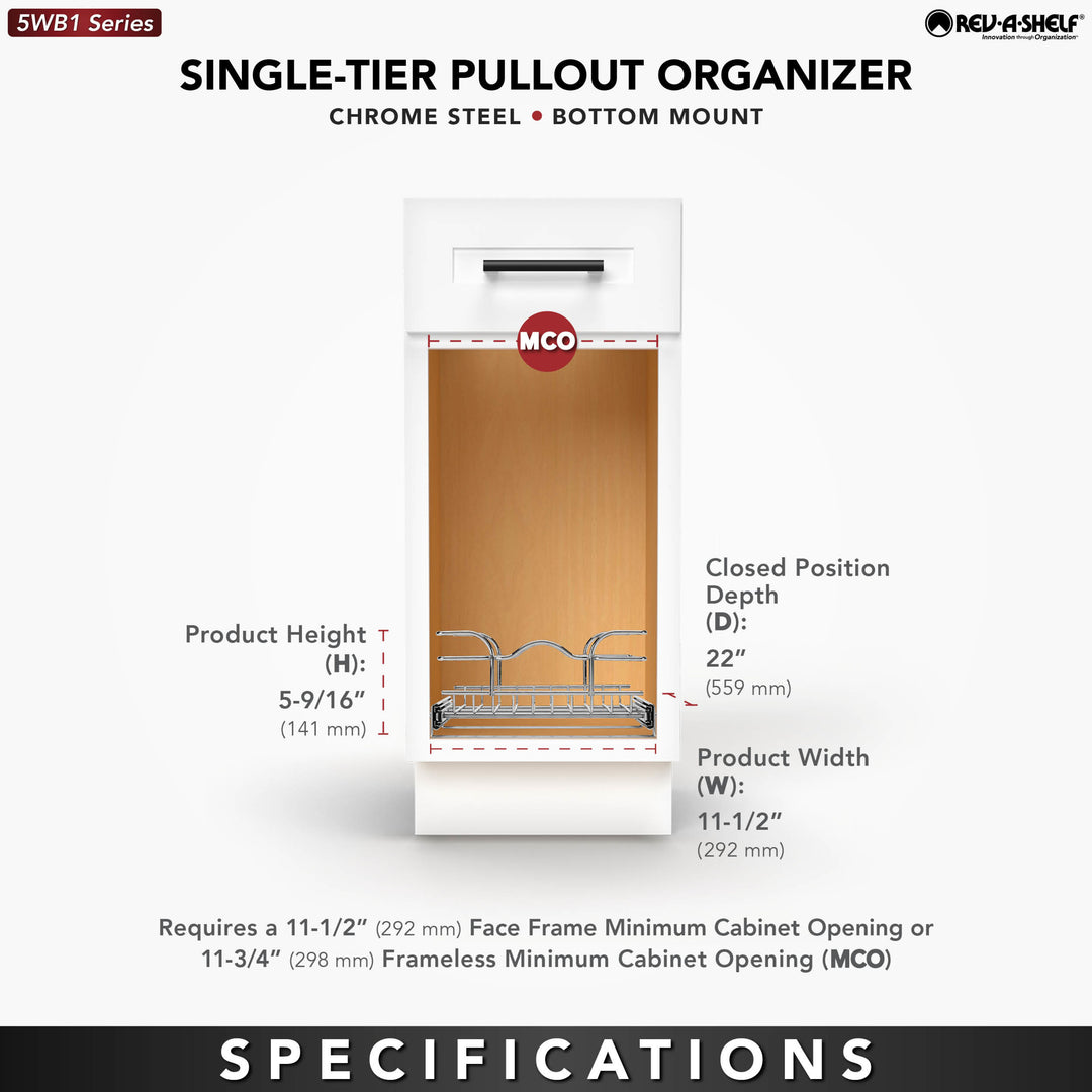 Rev-A-Shelf Pullout Single Basket Organizer for Kitchen Cabinets, 12 x 22 in, 5WB1-1222CR-1