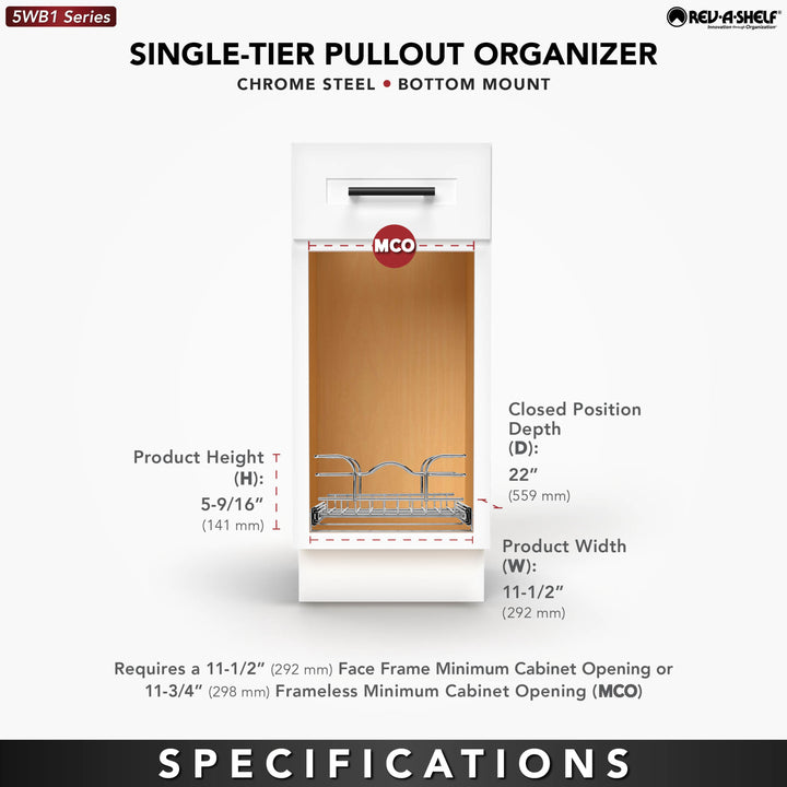 Rev-A-Shelf Pullout Single Basket Organizer for Kitchen Cabinets, 12 x 22 in, 5WB1-1222CR-1