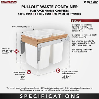 Rev-A-Shelf 4WCTM-18DM2 Double 35-Qt Pullout Waste Container Bin, White (Used)