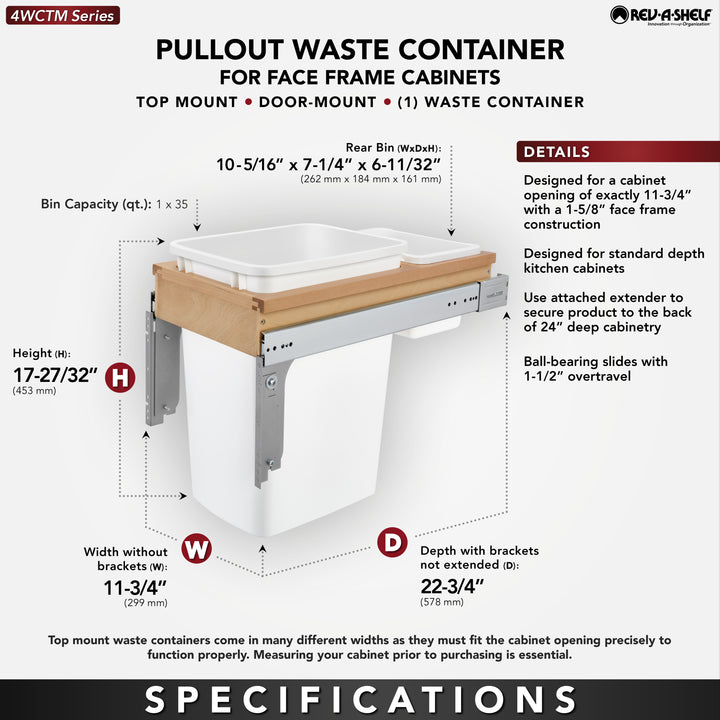 Rev-A-Shelf Single Pullout Top Mount Trash Can 35 qt., White, 4WCTM-12DM1-162