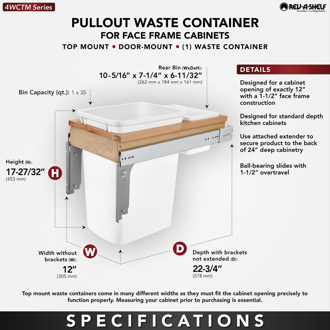 Rev-A-Shelf Double Pullout Top Mount Trash Can 35 qt., White, 4WCTM-21DM2