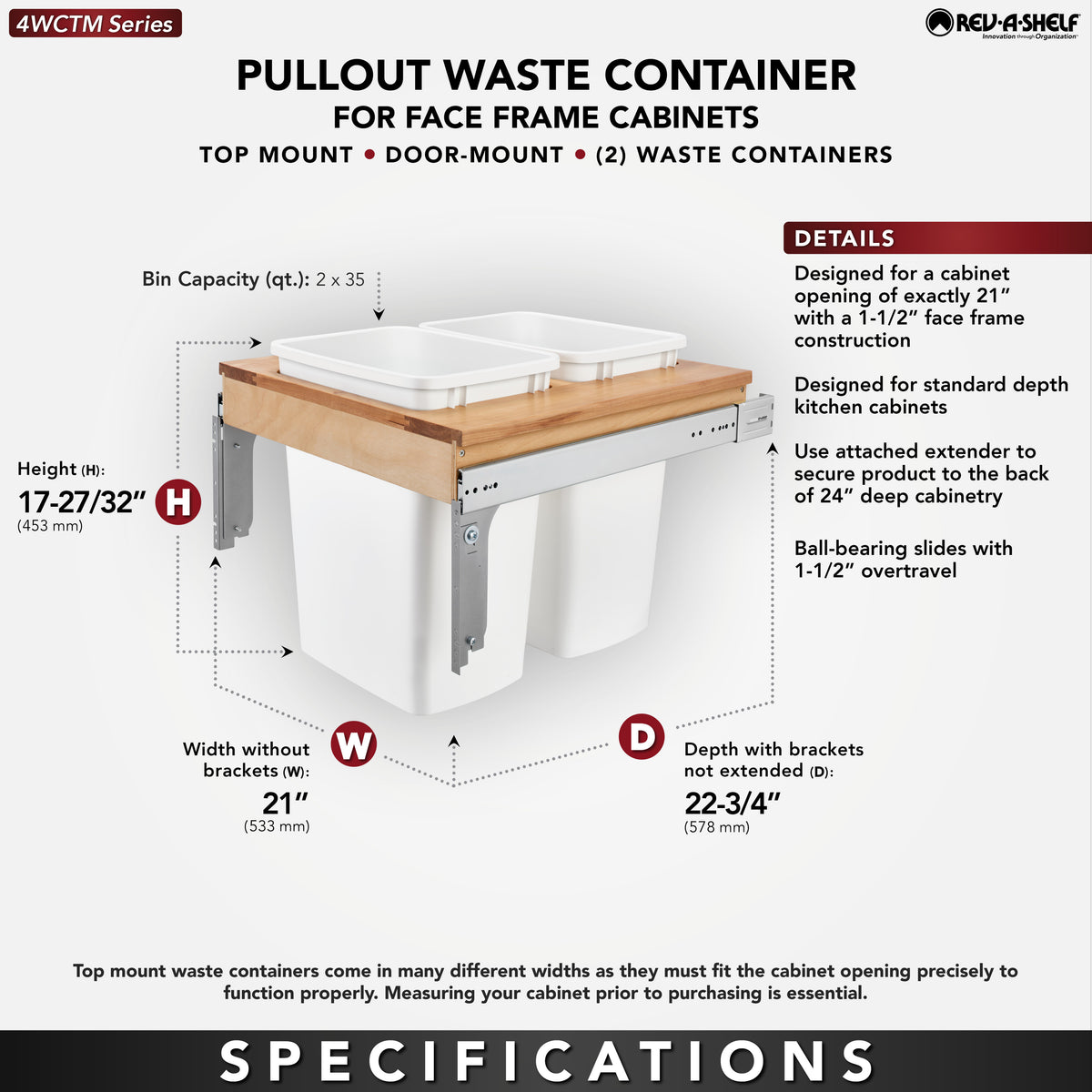 Rev-A-Shelf 4WCTM-24DM2 Double 35-Quart Pullout Waste Container, White (Used)