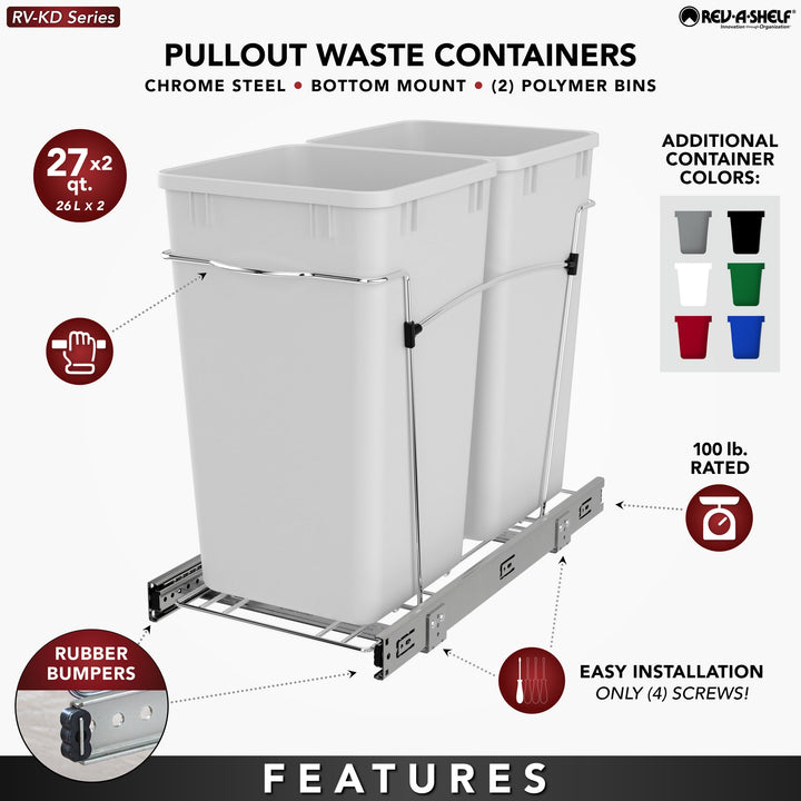 Rev-A-Shelf Double Pullout Trash Cans 27 qt. for Kitchen, White, RV-15KD-11C S