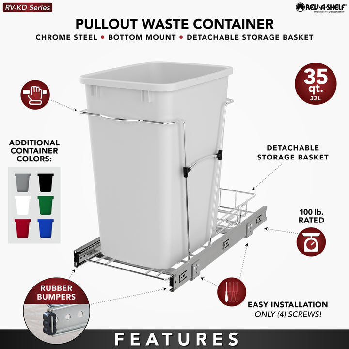 Rev-A-Shelf Pullout Trash Can 35 qt. for Kitchen Cabinets, Green, RV-12KD-19C-S