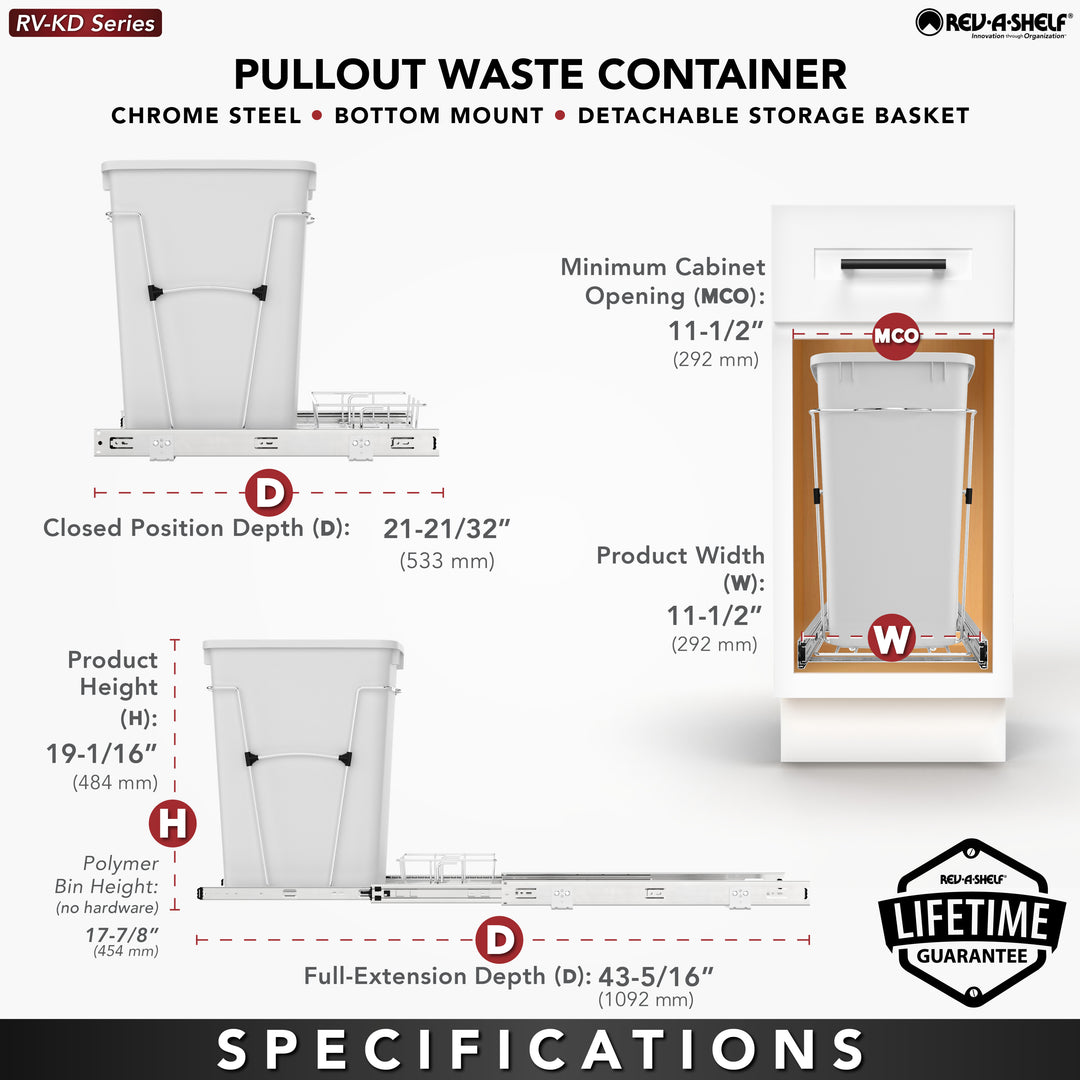 Rev-A-Shelf Pullout Trash Can 35 qt. for Kitchen Cabinets, Green, RV-12KD-19C-S