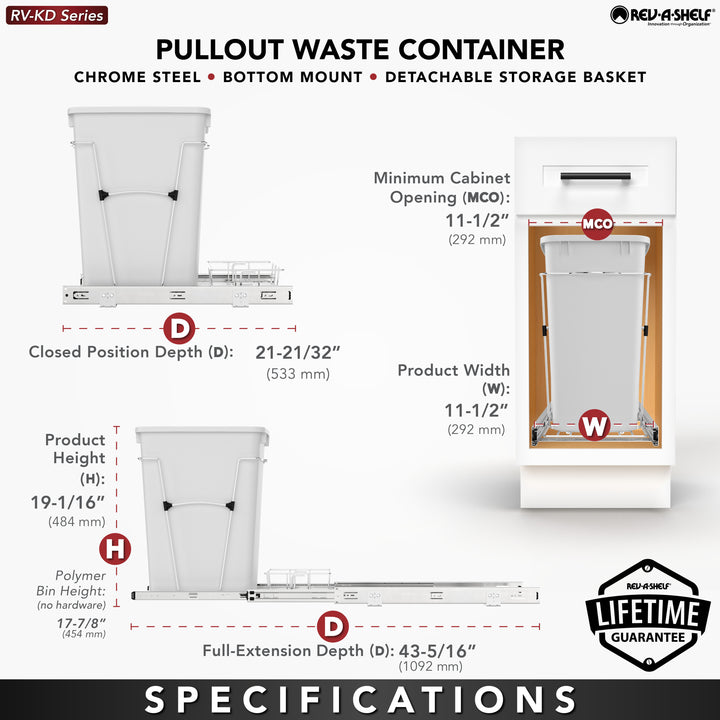 Rev-A-Shelf Pullout Trash Can 35 qt. for Kitchen Cabinets, Green, RV-12KD-19C-S