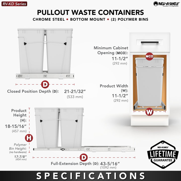 Rev-A-Shelf Double Pullout Trash Cans 27 qt. for Kitchen, White, RV-15KD-11C S