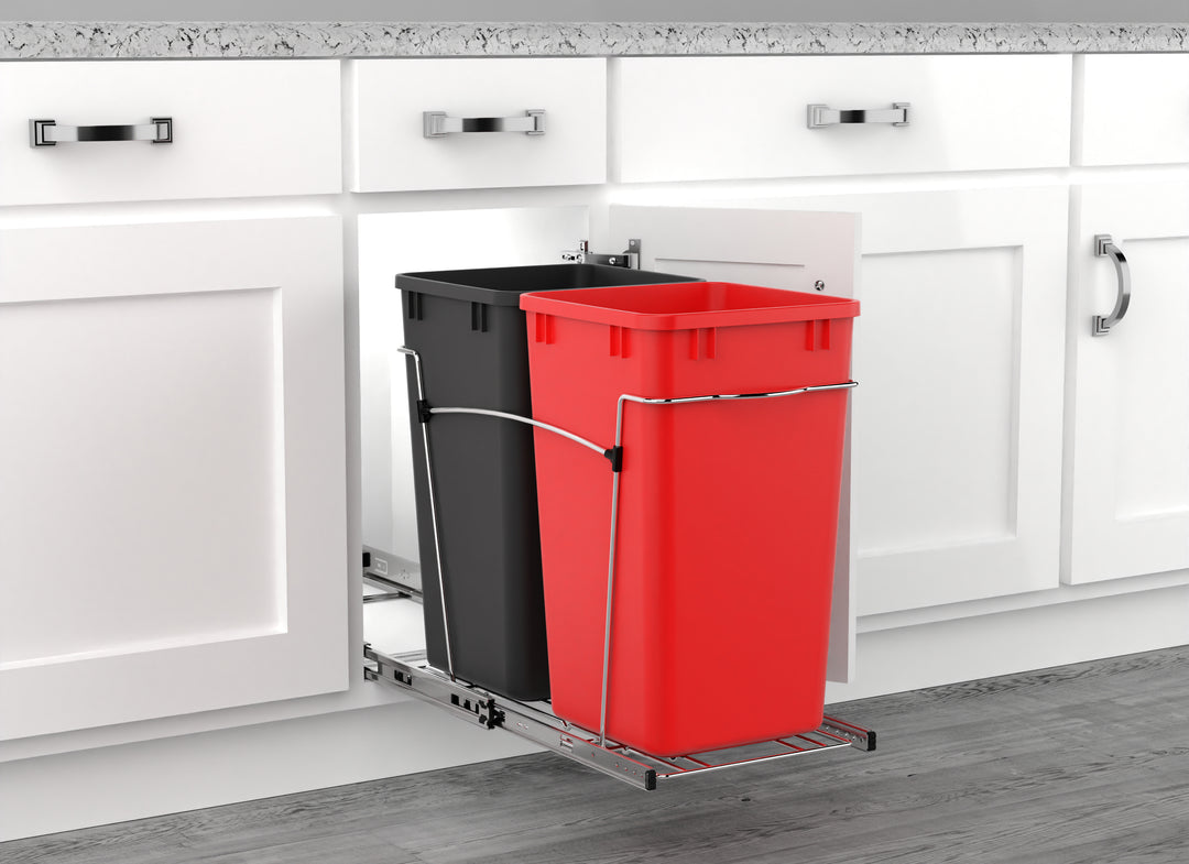 Rev-A-Shelf Double Pullout Trash Can 27 qt. for Kitchen, RedBlk, RV-15KD-1618C-S