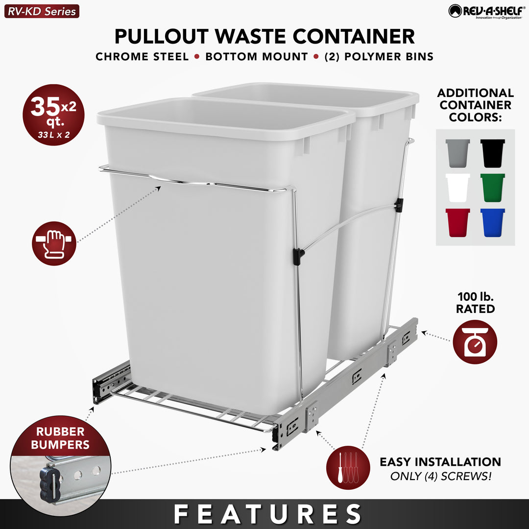 Rev-A-Shelf Double Pullout Trash Can 35 qt. for Kitchen, White, RV-18KD-11C S