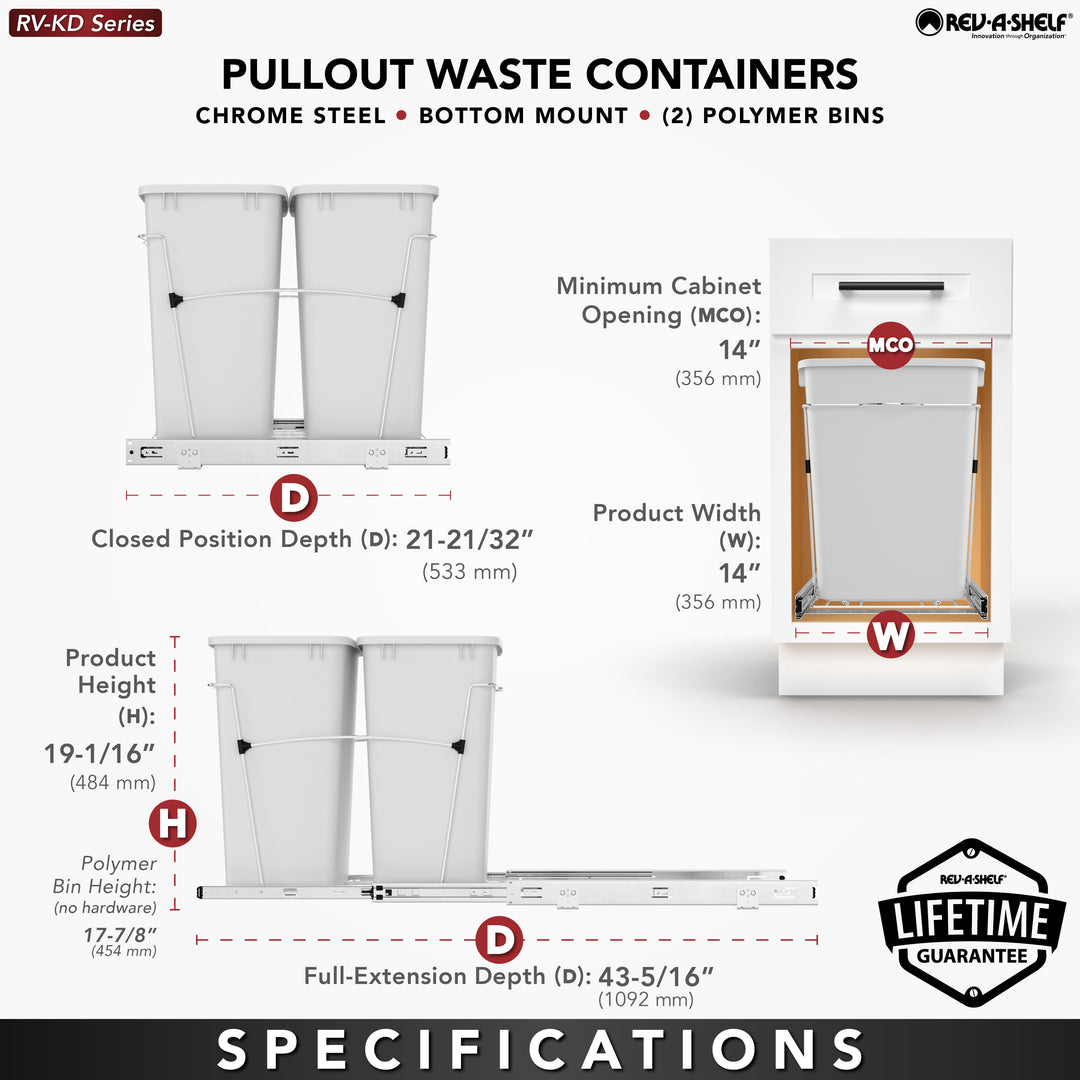 Rev-A-Shelf Double Pullout Trash Can 35 qt. for Kitchen, White, RV-18KD-11C S