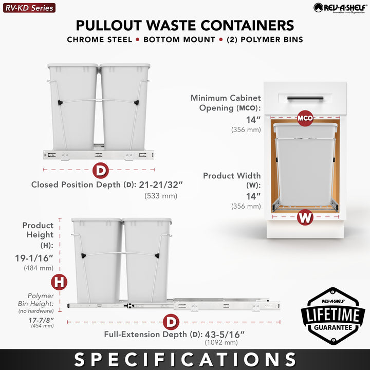 Rev-A-Shelf Double Pullout Trash Can 35 qt. for Kitchen, White, RV-18KD-11C S