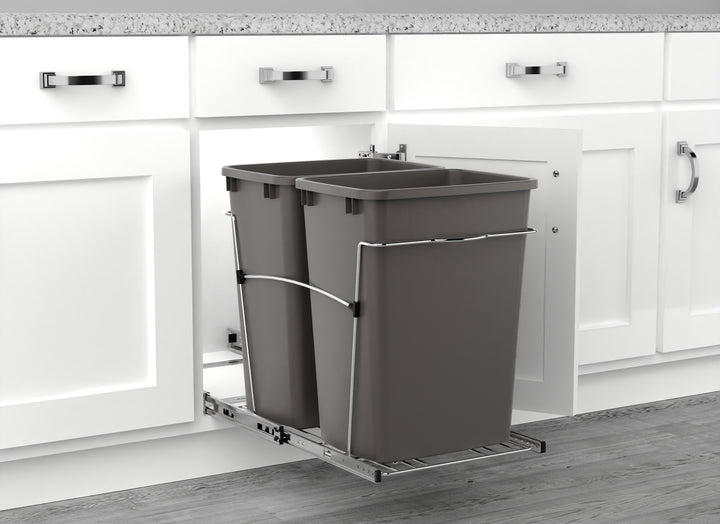 Rev-A-Shelf Double Pullout Trash Can 35 qt. for Kitchen, Gray, RV-18KD-13C-S