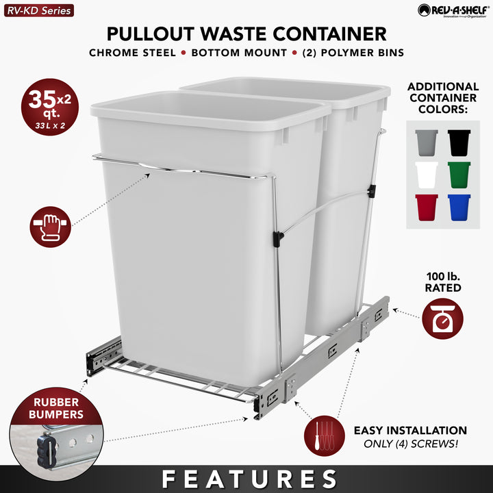 Rev-A-Shelf Double Pullout Trash Can 35 qt. for Kitchen, Silver, RV-18KD-17C S