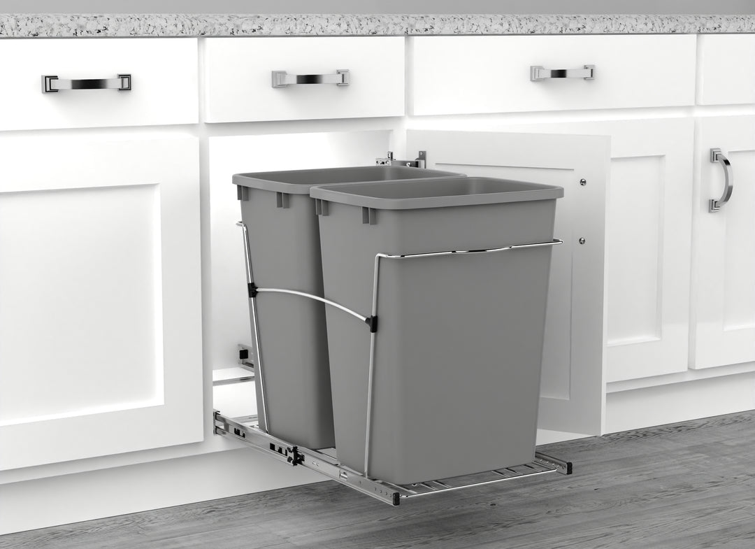 Rev-A-Shelf Double Pullout Trash Can 35 qt. for Kitchen, Silver, RV-18KD-17C S