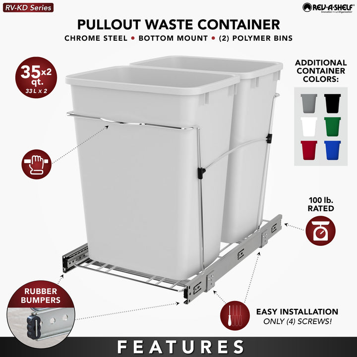 Rev-A-Shelf Double Pullout Trash Can 35 qt. for Kitchen, RV-18KD-1918C-S