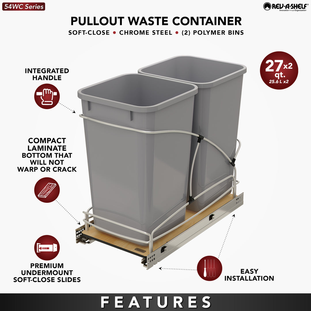 Rev-A-Shelf Double 27 qt. Pullout Trash Containers, Gray, 54WC-1527SC-17-1